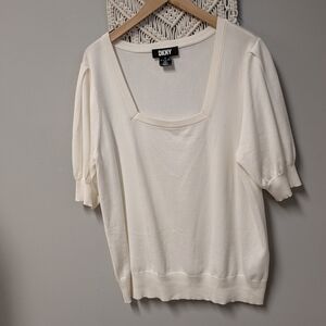 DKNY Women's Ivory Blouse Square Neck Short Sleeve Sweater XL